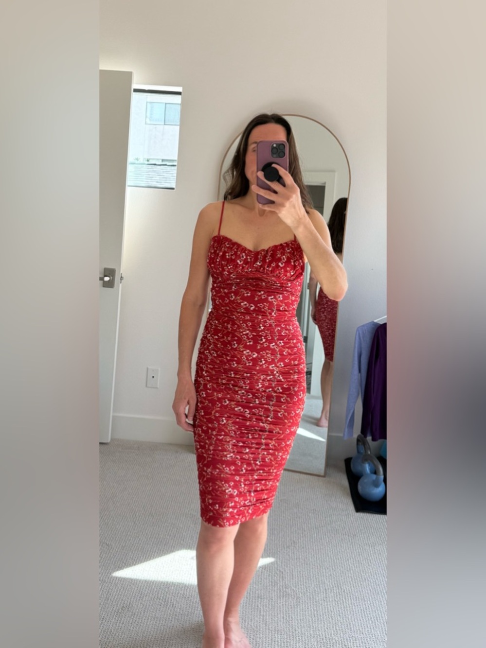 Hello Molly Red Floral Ruched Midi Slip Dress